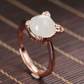 wholesale 925 Sterling Gold-Plated Rose Gold Openable Ring with White Jade, Featuring a Lovely Cat Design, Made from Oily and Smooth Hetian Jade, Women's Jewelry, Gemstone Ring-0-2