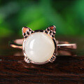 wholesale 925 Sterling Gold-Plated Rose Gold Openable Ring with White Jade, Featuring a Lovely Cat Design, Made from Oily and Smooth Hetian Jade, Women's Jewelry, Gemstone Ring-0-1