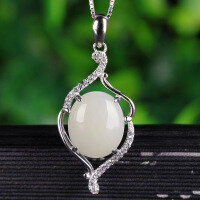 wholesale 925 Sterling Silver Openwork Inlaid with Hetian Jade Pendant with Certificate Natural Jade Necklace Personalized White Jade Cabochon Necklace for Women-White jade 10*12mm pendant (without chain)  925 silver