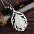 wholesale 925 Sterling Silver Inlaid White Jade Pendant with Certificate, Wholesale Retro Ethnic Style Hetian Jade Waterdrop Necklace, Hollow-Out Women's-0-1