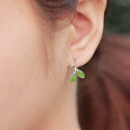 wholesale 925 Silver and Hetian Jade Green Leaf Earrings with Certificate, Pure Silver Small Leaf Bud Jade Earrings-0-2