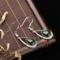 wholesale 925 Sterling Silver Inlaid with Hetian Jasper Earrings, with Certificate, Ancient Style Green Teardrop Jade Earrings for Women-0-1
