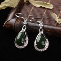 wholesale 925 Sterling Silver Simple Antique-style Natural Hetian Jasper Drop Earrings with Certificate, Green Jade Earrings for Women-Jasper 8*11mm 925 silver