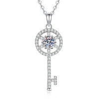 S925 Sterling Silver 1-Carat D Color Moissanite Floral Key Pendant Necklace-5mm high-carbon stone  925 silver