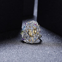 wholesale S925 Silver Designer High-End Style Unique Chinese Wind Naturalistic Bird Design Natural Gemstone Ring-Natural Amethyst Ring US Size 9
