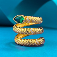 wholesale S925 Sterling Silver New Heavy Craft Vintage Style Snake Ring with 5*7 Nano Green, Casual Fashion Style for Dropshipping-R1093 Snake Ring Gold No. 9