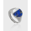 wholesale S925 Sterling Silver Original Niche Design Contemporary Chinese Light Luxury Geometric Round Natural Lapis Lazuli Shell Ring-0-0