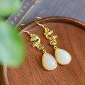 wholesale Gold-plated and silver-inlaid cloisonné cloud pattern Hetian jade droplet earrings for certificate, antique-style jade earrings, cheongsam, and Hanfu-0-2