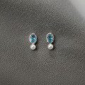 wholesale S925 silver, Korean-style blue diamond synthetic pearl ear studs, simple and elegant personalized jewelry for women M02199-0-2