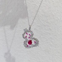 wholesale Metal with retro Chinese-style openwork floral pattern, colored diamonds, and Ruyi gourd pendant necklace, fashionable and elegant collarbone chain-xb212-white gold green