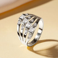 Zircon Geometric Design Three-Row Ring for Women, Light Luxury, Versatile Commuting Style-Four-row diamond ring [K white]  US$7