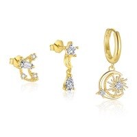wholesale S925 Sterling Silver Star Moon Drop Zircon Earrings For Women,-Single three-piece set 925 silver
