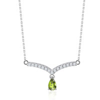 wholesale S925 Sterling Silver Fashion V-Shape Colored Gemstone Jewelry Set with Natural Peridot Garnet and Sapphire Ring and Necklace Set-Natural peridot necklace