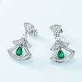 wholesale S925 Sterling Silver Fashionable Small Skirt Fan Earrings Light Luxury Style with Lab-Grown Emerald Accent-0-2
