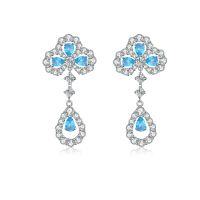 wholesale S925 Sterling Silver Four-Leaf Clover Stud Earrings with Tassel Drop, High-End Sense Versatile Full Diamond Celebrity Style, Factory Direct-Blue Diamond-ED036 925 Silver