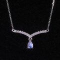 wholesale S925 sterling silver natural cream blue moonstone V-shaped pendant drop necklace in elegant wealthy heiress style-0-0