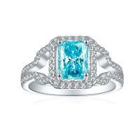 wholesale S925 Sterling Silver European and American Fashion 15ct Gemstone Colored Gem Ring with High-End 6*8 Square Diamond Flame Ice Flower Cut-Fireworks G-31 Sky Blue US size 9#
