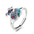 wholesale S925 Sterling Silver Retro Vintage Style Enamel Resin Lotus Koi Coin Purse with Auspicious Meaning Openable Ring-0-5