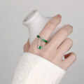 wholesale S925 Sterling Silver Green Enamel Chain Green Zircon Pendant Adjustable Opening Ring Light Luxury Style Ring for Women-0-3