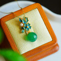 wholesale Gold-plated 925 Sterling Silver Green Chrysoprase Pendant with Cold Enamel Flower and Palace-style Ancient Jade Pendant Necklace-0-2