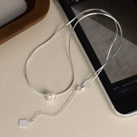 wholesale S925 Silver minimalist square freshwater pearl snake chain collar necklace Y01469-S925 Silver Necklace 925 Silver