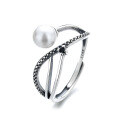 wholesale S925 Sterling Silver Korean-style Vintage Cross Pearl Ring with Black Spinel for Women, Versatile and Elegant-0-4