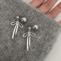 wholesale Sterling Silver S925 Gray Pearl Back Bow Ear Studs Simple Sweet Elegant Long Two-Way Earrings-Gray Pearl 925 Silver
