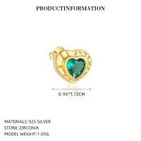 wholesale S925 Sterling Silver With Colorful Zircon Heart Earrings, Dopamine Sweet And Edgy Style, Luxurious And Advanced-YE0213_Green Nano_18K Yellow Plated_With Small Flower Ear Cap 925 Silver
