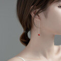 wholesale S925 silver heart-shaped long drop earrings, Korean-style minimalist red diamond love ear thread earrings E6178-0-3