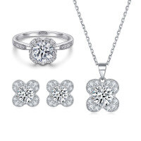 wholesale S925 Sterling Silver Zircon Drilled Ring Four-Leaf Clover Necklace Earrings Set Floral Earrings Advanced Minimalist Niche-Ring TL-475 + Earrings TLED103 + Necklace TLXL123  US Size 6#