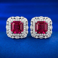 wholesale S925 Silver Alloy Simulated Ruby 7*7 Pagoda Ear Studs for Women, Minimalist and Versatile for Daily Wear-E370 Red Diamond 925 Silver
