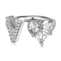 wholesale S925 Sterling Silver European and American Cross-Border Women's Ring with Personalized Letters, Heart, Zircon Inlaid, Adjustable Opening Silver Jewelry for Women-Platinum DY121170-SW-WH(V) Adjustable opening