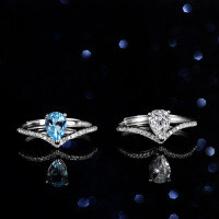 Sterling Silver Natural Blue Topaz Moissanite 1ct Pear Crown Ring-Inlaid with blue topaz  Adjustable opening