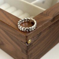 wholesale Vintage sterling silver S925 oxidized wheat-stitched open ring for women, Korean ins style stackable-Distressed & adjustable opening