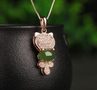 wholesale Rose gold-plated 925 silver with certificate, Hetian jade pendant, jade green cat, minimalist fashion style, women's necklace-Rose gold pendant + silver chain 925 silver