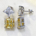 wholesale S925 Silver New 10*10mm Imported High-Carbon Square Cut Yellow Diamond Stud Earrings for Women, Elegant Style-0-2