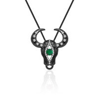 wholesale S925 silver designer-style Shan Hai Jing bull head pendant with dark retro design, inlaid with green agate necklace pendant-Green agate pendant (with silver chain)