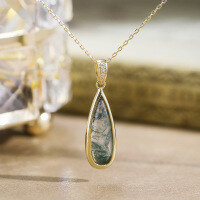 wholesale S925 Gold-Plated Silver with Natural Moss Agate Light Luxury New Chinese Style Waterdrop Pendant Fashion Personalized Necklace-Versatile naked chain 925 silver