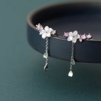 wholesale Sterling Silver S925 Ear Hooks Women's Korean Style Exquisite Five-Petal Flower with Crystal Rhinestones Heart-shaped Tassel Drop Earrings E5389-S925 silver earrings silver 925 silver