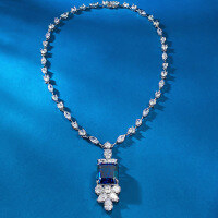 wholesale Metal: 925 Sterling Silver, ZHUO ZHI FAN Jewelry New Square 15*15 Royal Blue Large Pendant European and American Luxury Necklace 43cm for Women-N343 Royal Blue 925 Silver