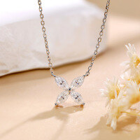 wholesale S925 sterling silver plated with 18K gold moissanite necklace, 3*6mm marquise-shaped four-leaf clover moissanite jewelry-Platinum
