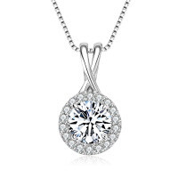 Sterling Silver Fashion Pendant Necklace with Moissanite-Round Necklace [White Gold] 8mm  925 Silver