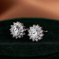 S925 Silver Earrings for Women, Round Stud Earrings with Moissanite Sunflower Design-0-0
