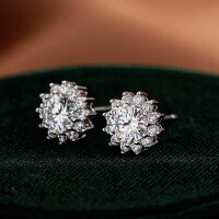 S925 Silver Earrings for Women, Round Stud Earrings with Moissanite Sunflower Design.-50 points (zircon eight hearts and eight arrows)  925 silver