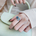 wholesale S925 Sterling Silver Vintage Bohemian Blue Enamel Rose and Leaf Design Open Adjustable Ring Elegant Style-0-0