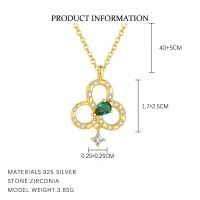 wholesale S925 Sterling Silver Four-leaf Clover Necklace, Adjustable Snake Ring, And Emerald Zircon Earrings Set-YA0464_White Zirconium/Green Nano_18K Yellow Plating_40+5CM 925 Silver