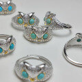 wholesale S925 silver inlaid natural raw turquoise owl women's ring, fashionable and elegant, adjustable live opening-0-5
