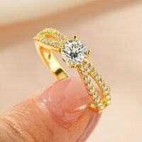 Zirconium Crossed Arms Light Luxury Cocktail Ring, Xiaohongshu Style-Solitaire with split bangle [K Yellow]  US size 8