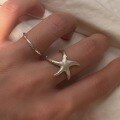 wholesale Matte S925 Sterling Silver Small Starfish Ring for Women, Small and Niche, Vintage Star Index Finger Ring with Twisted Linear Sensibility and Minimalist Design-0-3