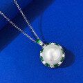 wholesale 18K Gold-Plated, New Style Pearl Necklace with 12mm Shell Pearl and 6-Carat Grand-Set Emerald Pendant for Women-0-2